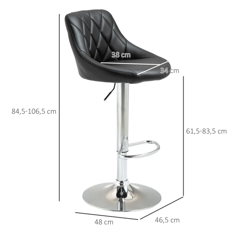 HOMCOM 2er-Set Barhocker Drehstühle mit Kunstleder-Bezug höheverstellbare Barstühle Tresenhocker Bistrohocker mit Rückenlehne Schwarz 46,5 x 48 x 84,5-106,5 cm