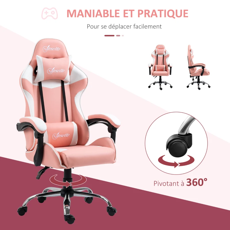 Vinsetto Chaise gaming fauteuil de bureau chaise gamer avec appui-tête ergonomique hauteur réglable dossier inclinable jusqu'à 135° 63 x 67 x 119-127 cm rose