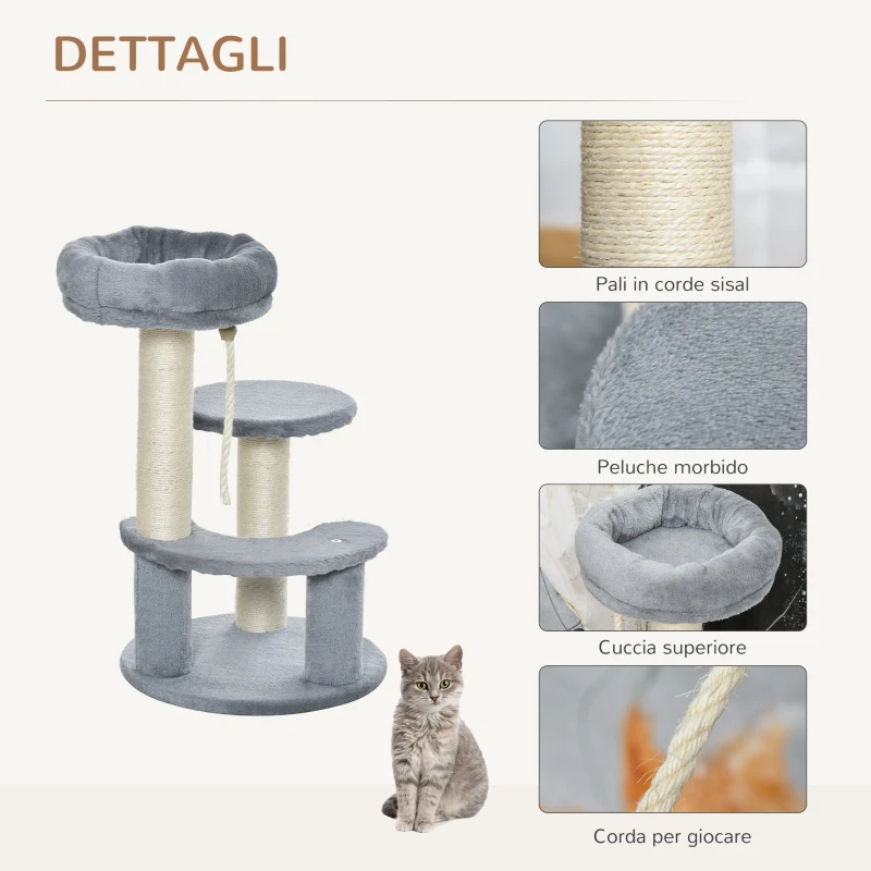 PawHut Albero Tiragraffi per Gatti a 3 Livelli con Piattaforme, Lettino e Pali in Sisal, Torre per Gatti con Rivestimento in Peluche, Ø40x65 cm, Grigio