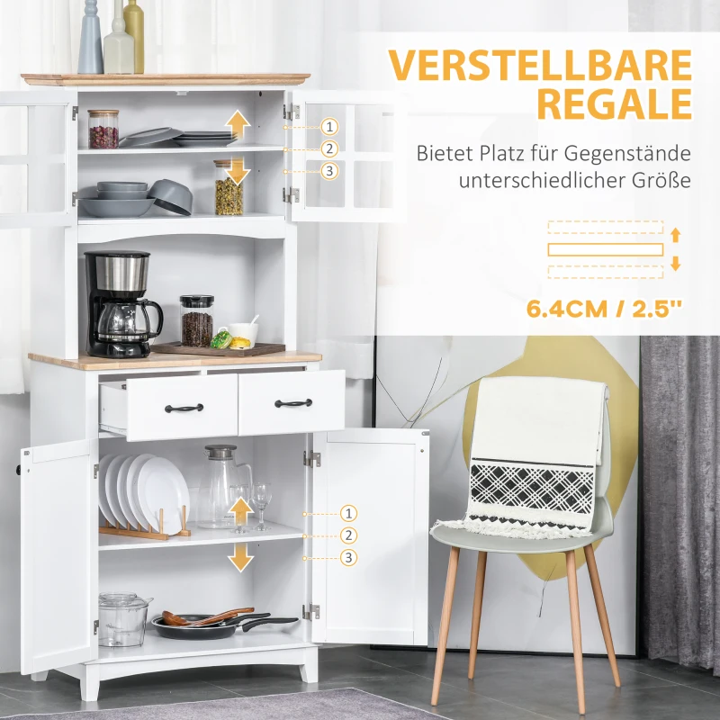 HOMCOM Küchenschrank, Hochschrank mit Glastüren, 2 Schubladen, Küchenbuffet mit verstellbaren Ablagen, Kommode, MDF, Gummiholz, 74 x 40 x 172 cm