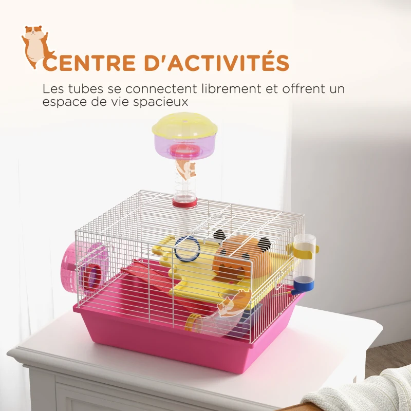 PawHut Cage à hamster rat rongeur multicolore avec plateforme, biberon eau, roue, maisonnette, 34 x 27 x 25 cm, rose