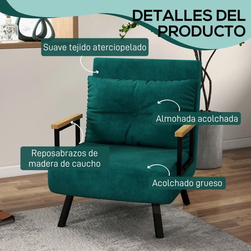 HOMCOM Sofá Cama Individual Plegable Silla Cama Convertible 3 en 1 Respaldo Ajustable de 5 Niveles y Almohada 63x73x81 cm Verde