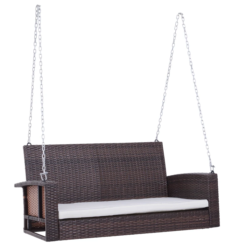 Outsunny Hängebank 2-Sitzer Rattan Gartenschaukel mit Sitzkissen Hängeschaukel Hollywoodschaukel Schaukelbank Gartenbank Braun 127 x 65 x 60 cm
