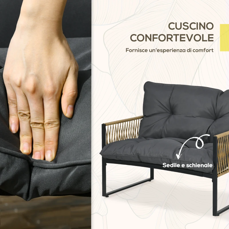 Outsunny Set da Giardino 4 Pezzi in Rattan con Divanetto, 2 Sedie e Tavolino da Caffè, Grigio e Marrone