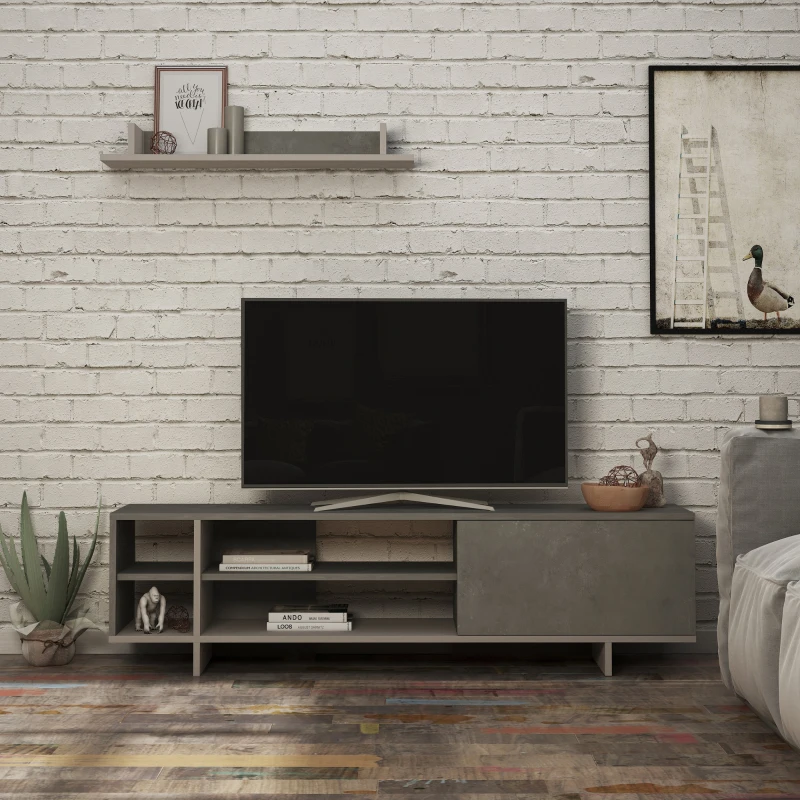 HOMCOM Set Mobile Porta TV con Armadietto e Mensola da Appendere in Legno, 160x35.6x44cm - Grigio