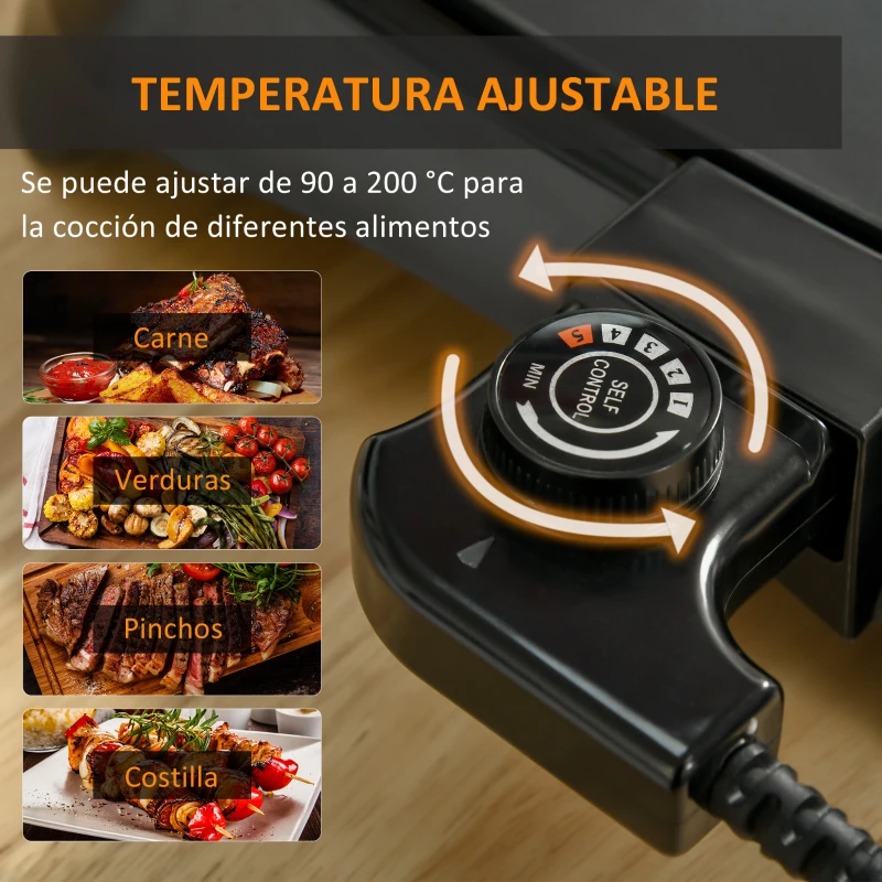HOMCOM Plancha de Asar Eléctrica Cocina 1600W Aluminio con Temperatura Regulable Superficie de 40,6x25,2 cm Revestimiento Antiadherente y Bandeja de Goteo 53,5x31x8 cm Negro