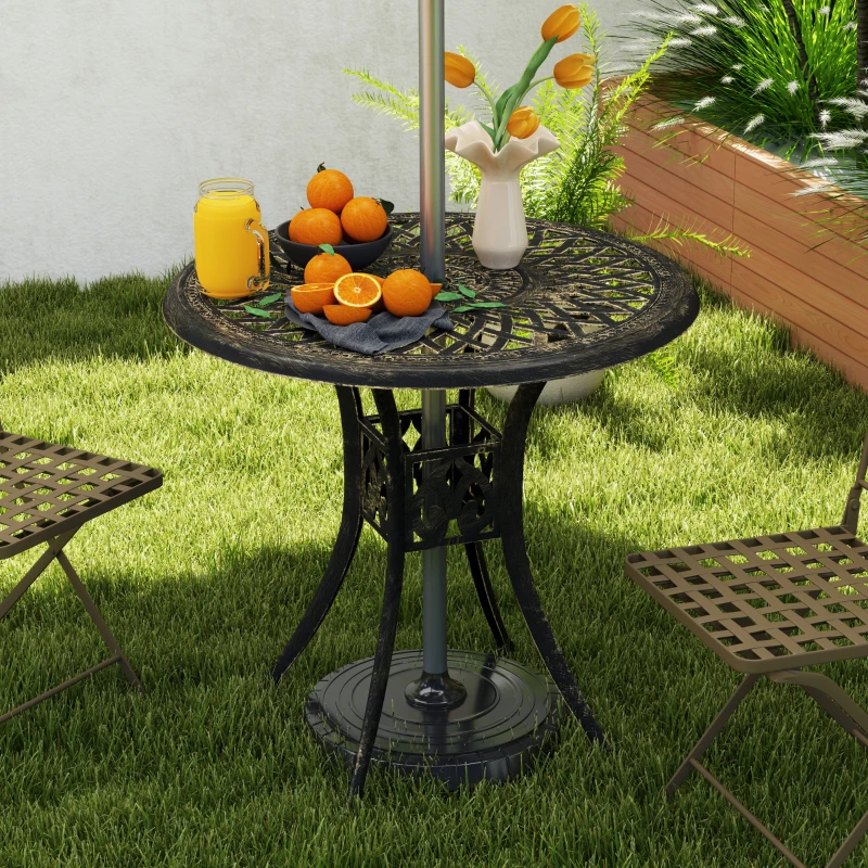 Outsunny 78 cm Round Garden Dining Table with Parasol Hole Antique Cast Aluminium Outdoor Table Only, Bronze Tone