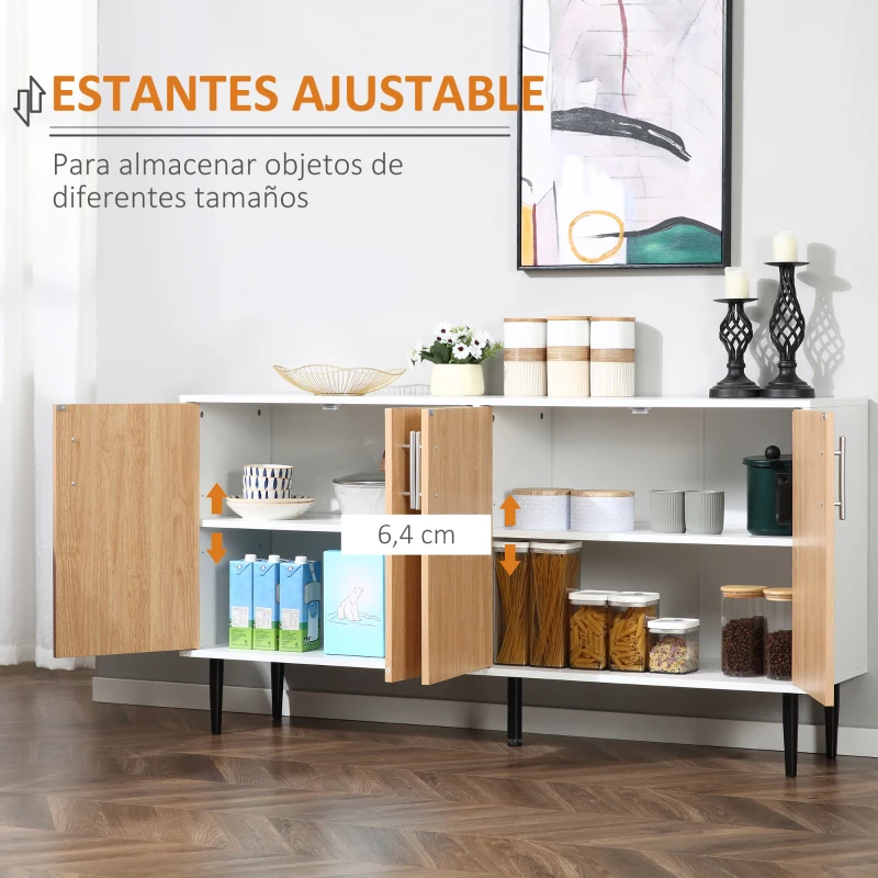 HOMCOM Aparador de Cocina con 4 Puertas Estantes Ajustables y Patas Metálicas Mueble Auxiliar Moderno para Salón Comedor 147,2x40,5x76,2 cm Natural y Blanco