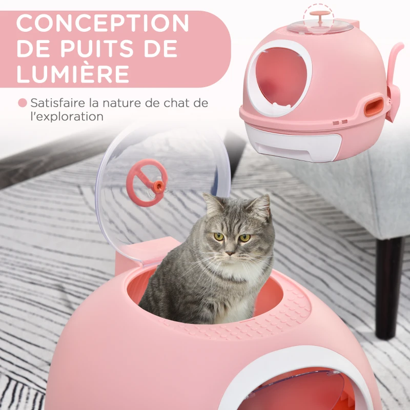 PawHut Bac à litière pour chat maison de toilette portable pour chat tiroir à litière coulissant porte battante lucarne + pelle fournis dim. 47L x 55l x 44H cm rose