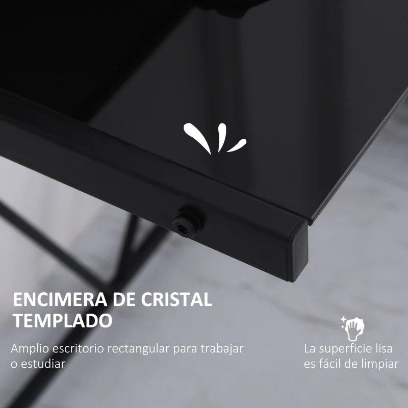 HOMCOM Escritorio Mesa de Ordenador 80x50x75 cm con Encimera de Vidrio Templado y Patas de Metal Carga 80 kg Estilo Moderno para Oficina Estudio Dormitorio Negro