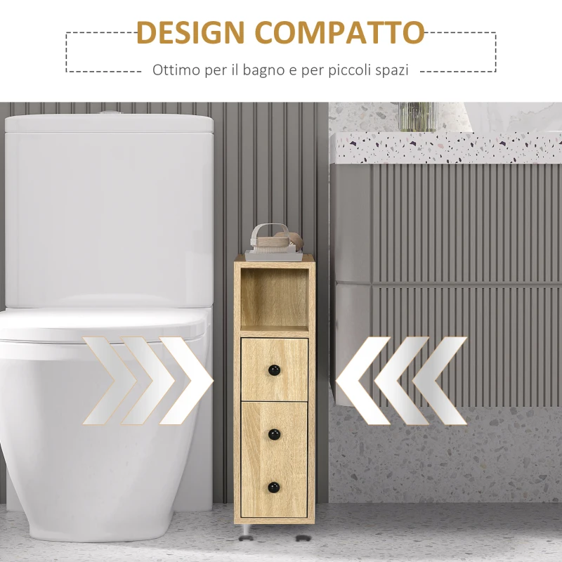 Kleankin Armadietto da Bagno a Colonna, Mobile Bagno con 4 Ruote, 1 Cassetto 1 Armadietto con Anta 2 Armadietti Aperti, Color Rovere, 18x30x68.5 cm