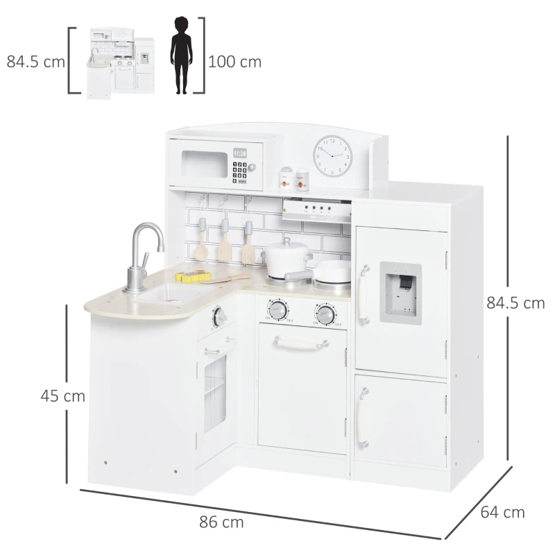HOMCOM Cucina Giocattolo per Bambini in Legno con 14 Accessori, Forno, Lavandino, Frigo e Microonde, Età 3+ Anni, 86x64x84.5cm, Bianco e Argento