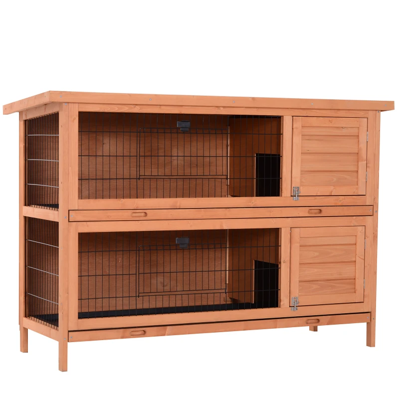PawHut Clapier sur pieds cage à lapin double niveau plateaux excréments coulissants 4 portes verrouillables dim. 137L x 50l x 93H cm bois massif pin toit bitumé vert