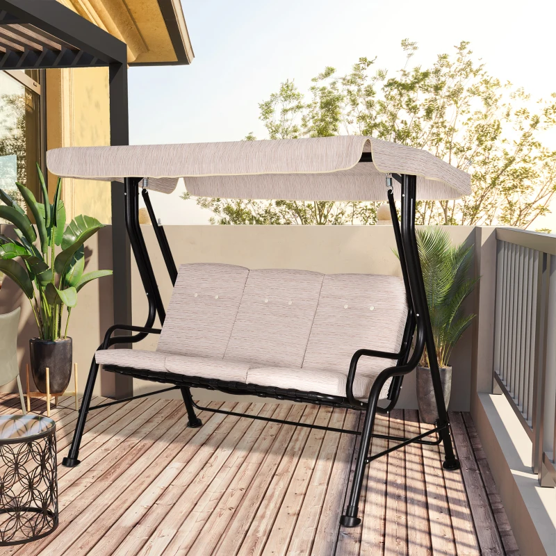 Outsunny Balancelle de Jardin 3 Places Grand Confort Toit Inclinaison réglable épais Coussins Amovibles Polyester Acier époxy Beige
