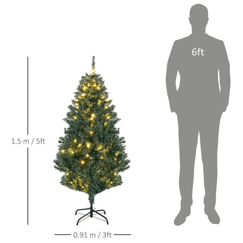 HOMCOM 5' Artificial Prelit Christmas Trees Holiday Décor with Warm White LED Lights, Decoration, Banner, Tag, Ball