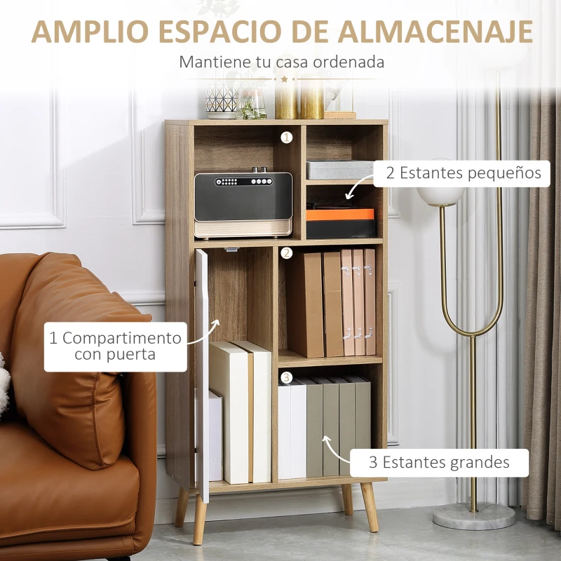 HOMCOM Mueble Aparador Alto Armario Auxiliar de Salón con 5 Compartimentos y 1 Puerta Multiusos para Comedor Cocina Dormitorio 60x30x121 cm Roble y Blanco