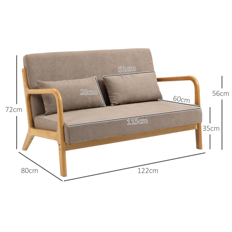 HOMCOM 2-er Sofa, 2-Sitzer, kleines Sofa, Retrodesign, 2 Kissen, Kautschukholz, Braun + Natur