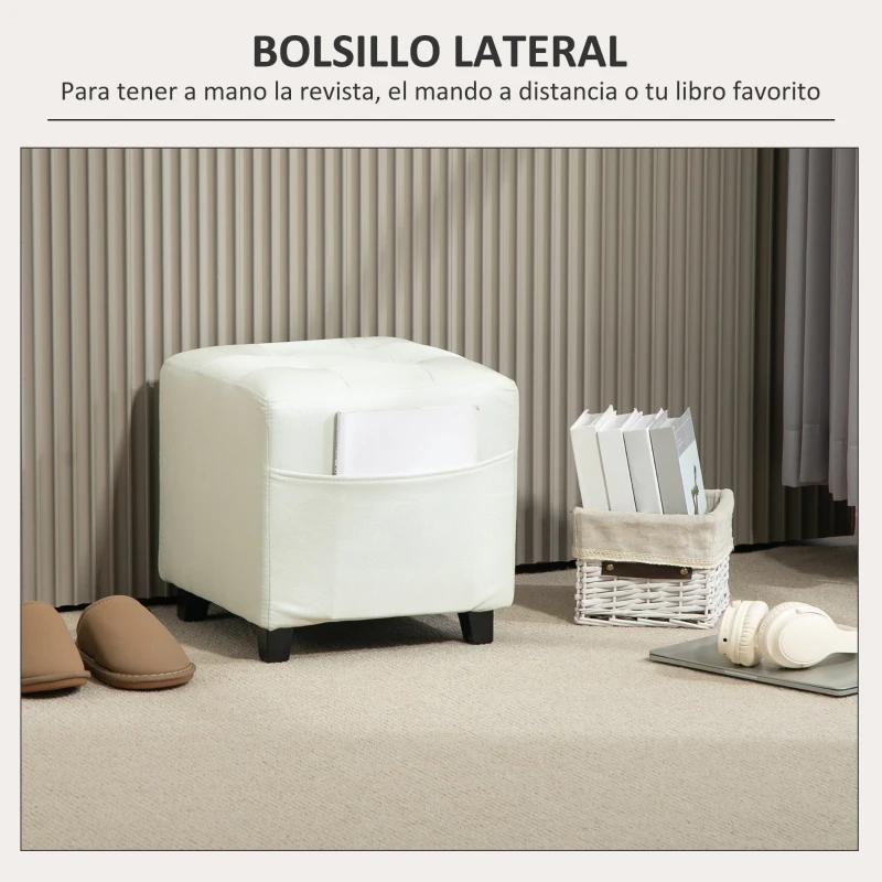 HOMCOM Reposapiés de Salón Taburete Bajo Tapizado en Lino con Bolsillo Lateral y Tapa con Botones Acolchados Crema