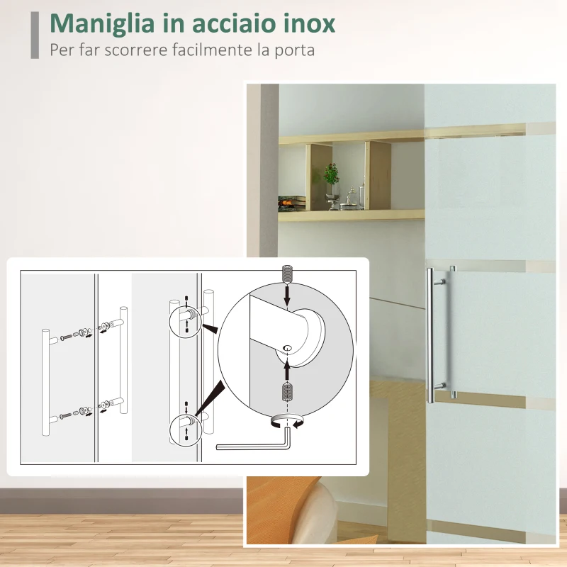 HOMCOM Porta Scorrevole Interna in Vetro Smerigliato e Satinato con Binario B2 e Maniglia per Bagno Cucina Studio Vetro 205x 77,5x 0,8cm