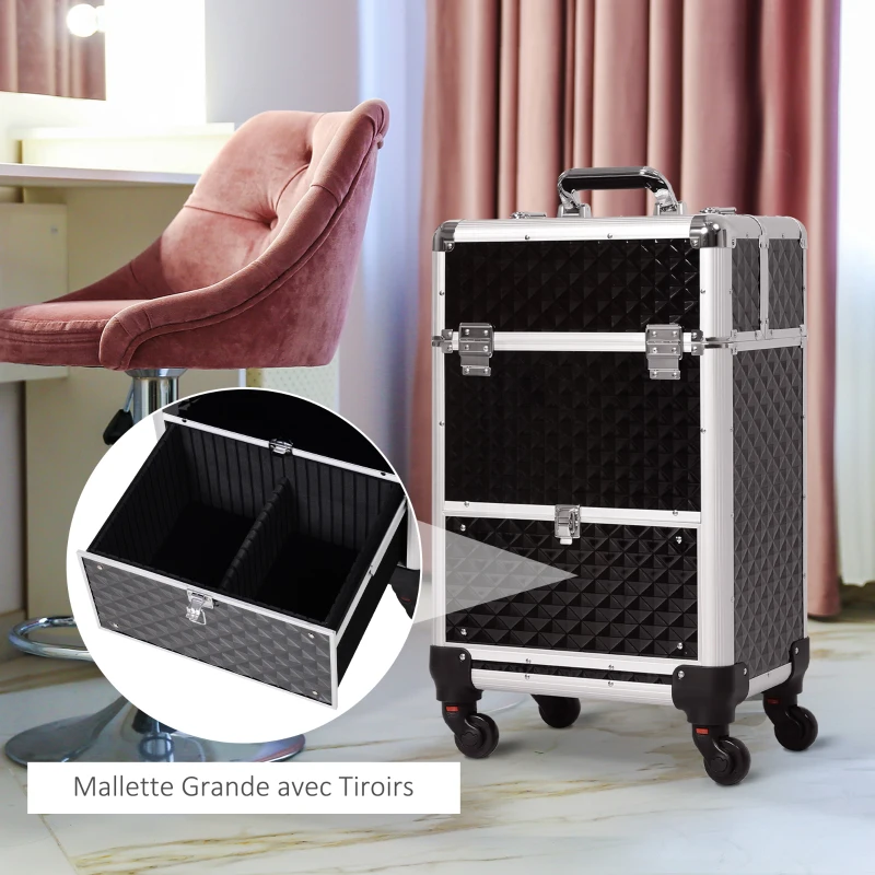 HOMCOM Valise trolley maquillage mallette cosmétique vanity poignée télescopique réglable 34L x 25l x 62H cm alu. noir