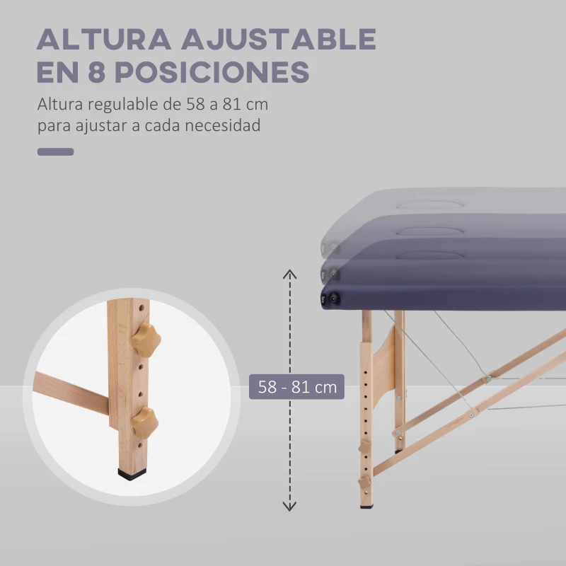 HOMCOM Camilla de Masaje Plegable con Marco de Madera con Altura Regulable y Bolsa de Transporte 186x60x58-81 cm Púrpura