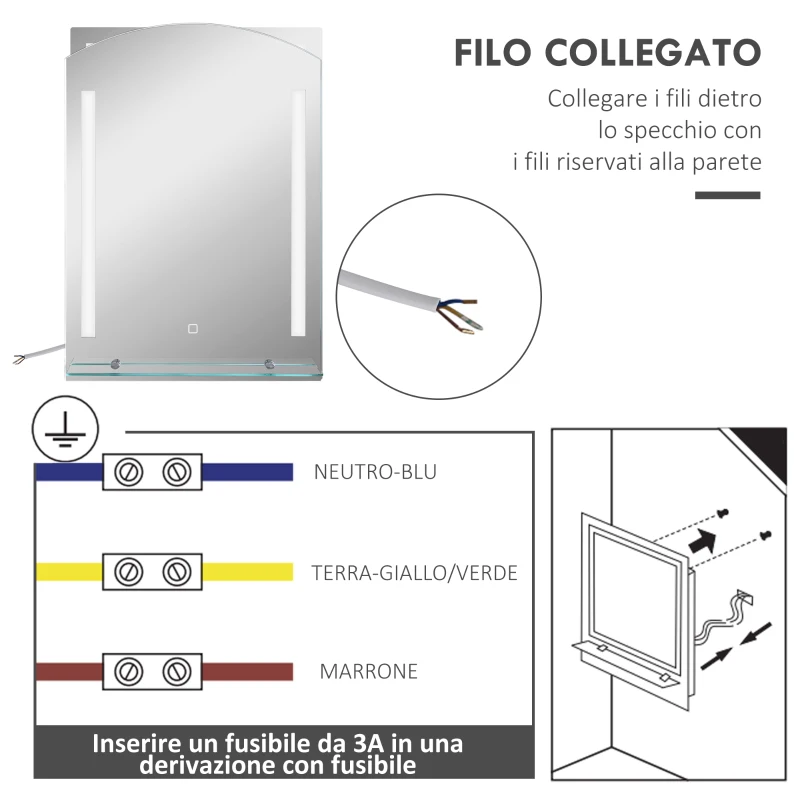 kleankin Specchio per Bagno con Luce LED Regolabile a 3 Colori e Mensola in Vetro, 50x12x70 cm, Argento