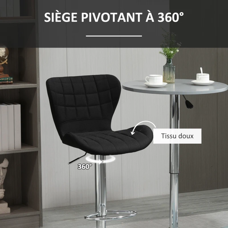HOMCOM Lot de 2 Tabourets de Bar Design Contemporain Hauteur d'assise réglable 59-81 cm pivotant 360° Lin Noir