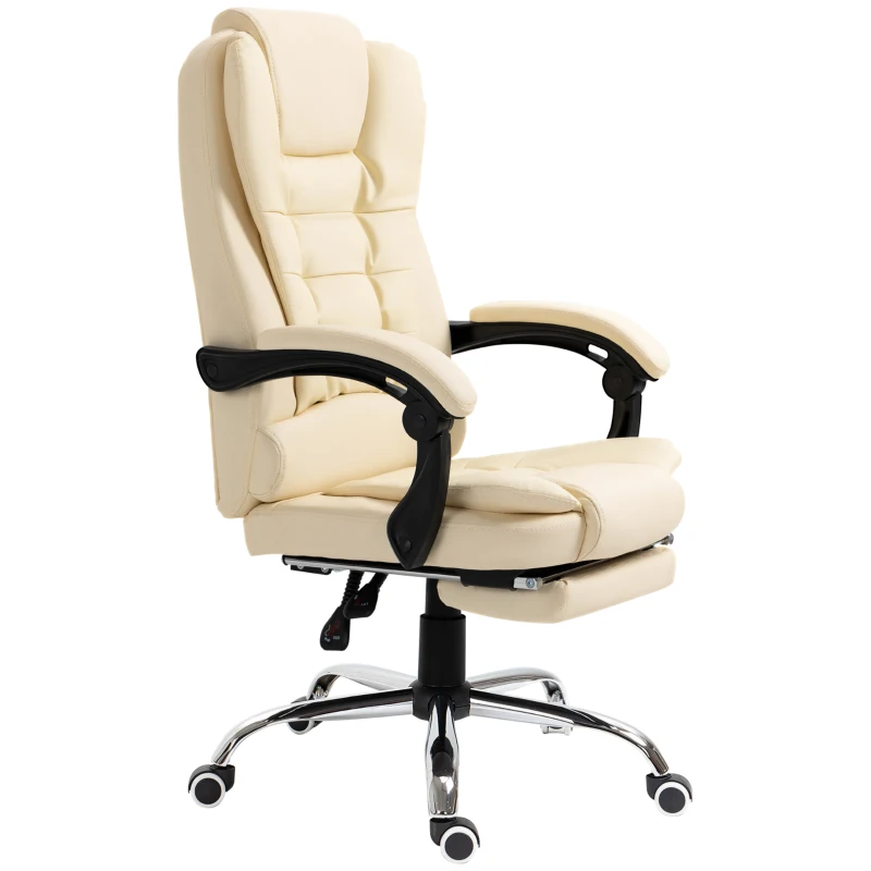 HOMCOM Executive Office Chair, Home Office Chair with Swivel Wheels, Reclining Backrest, Retractable Footrest, Cream White