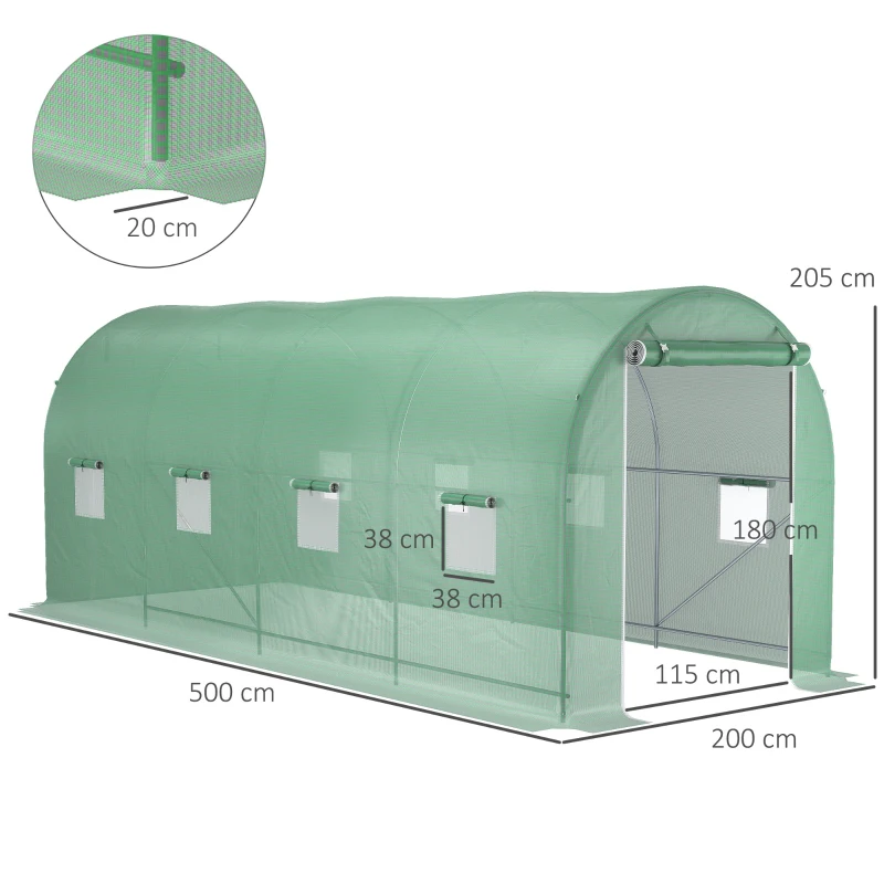Outsunny Gewächshaus 500x200x205cm Foliengewächshaus Tomatenhaus mit Tür, 8 Fenster, Folientunnel aus verzinktem Stahl, PE, stabiles Treibhaus Pflanztunnel, inkl. Erdanker & Seilen, Grün