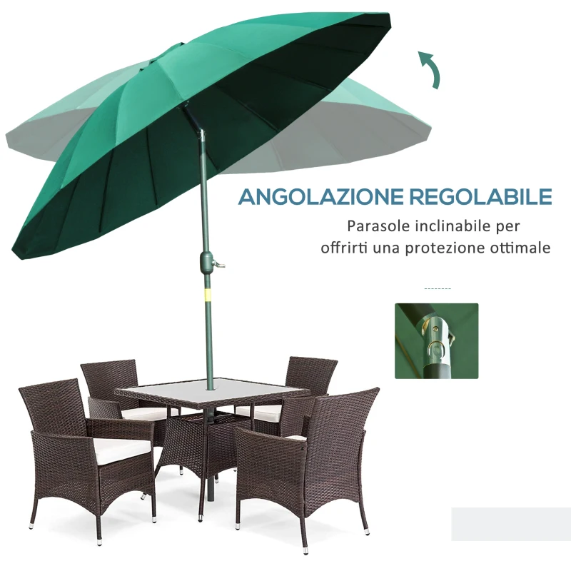 Outsunny Ombrellone da Giardino e Terrazza Ø2.5x2.5 m con Manovella, 18 Stecche e Testa Inclinabile, Verde
