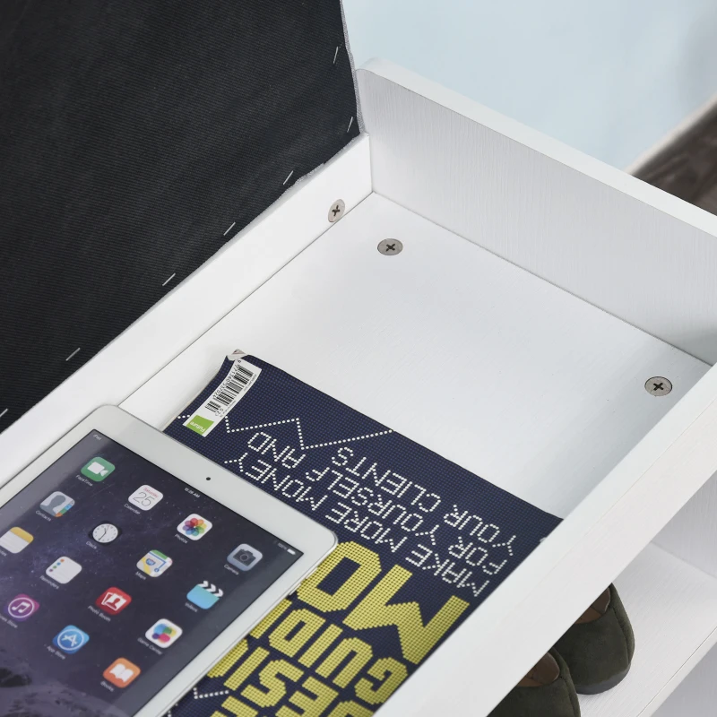 HOMCOM Panca Scarpiera con Cuscino, Cassetto e 3 Vani Aperti in Legno, 81x31.5x49cm, Bianco