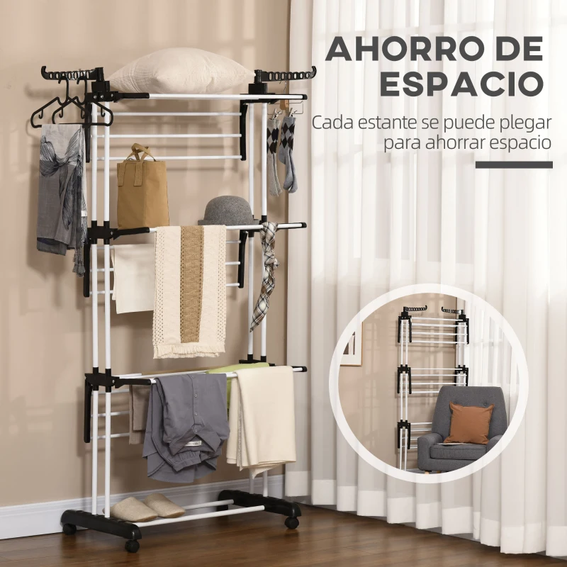HOMCOM Tendedero de Ropa Plegable con Ruedas 3 Niveles con Alas Plegables y Colgadores 73x64x172 cm Negro y Blanco