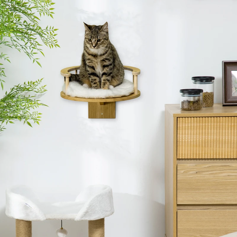 PawHut Wall-Mounted Cat Shelf with Cushion, Guardrails, 34 x 34 x 10.5cm