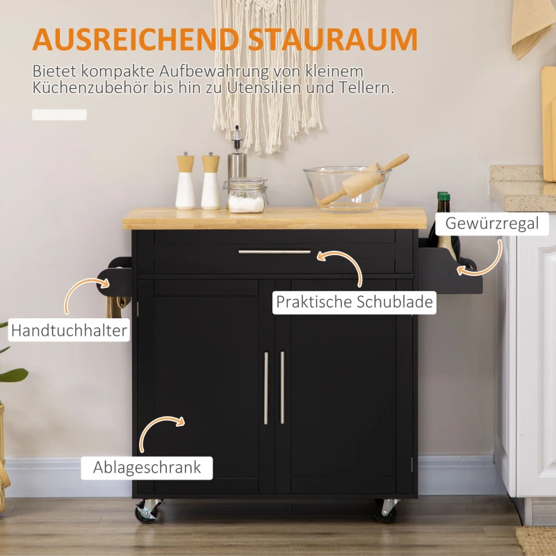 HOMCOM Küchenwagen Servierwagen Kücheninsel, 1 Gewürzregal, 1 Handtuchhalter, 109 cm x 40 cm x 89 cm, Schwarz