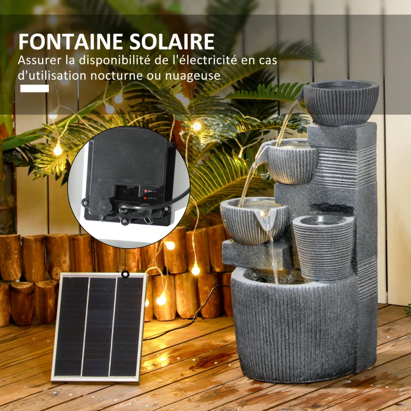 Outsunny Fontaine de jardin à énergie solaire fontaine à cascade en résine à 4 niveaux avec lumières LED et pompe