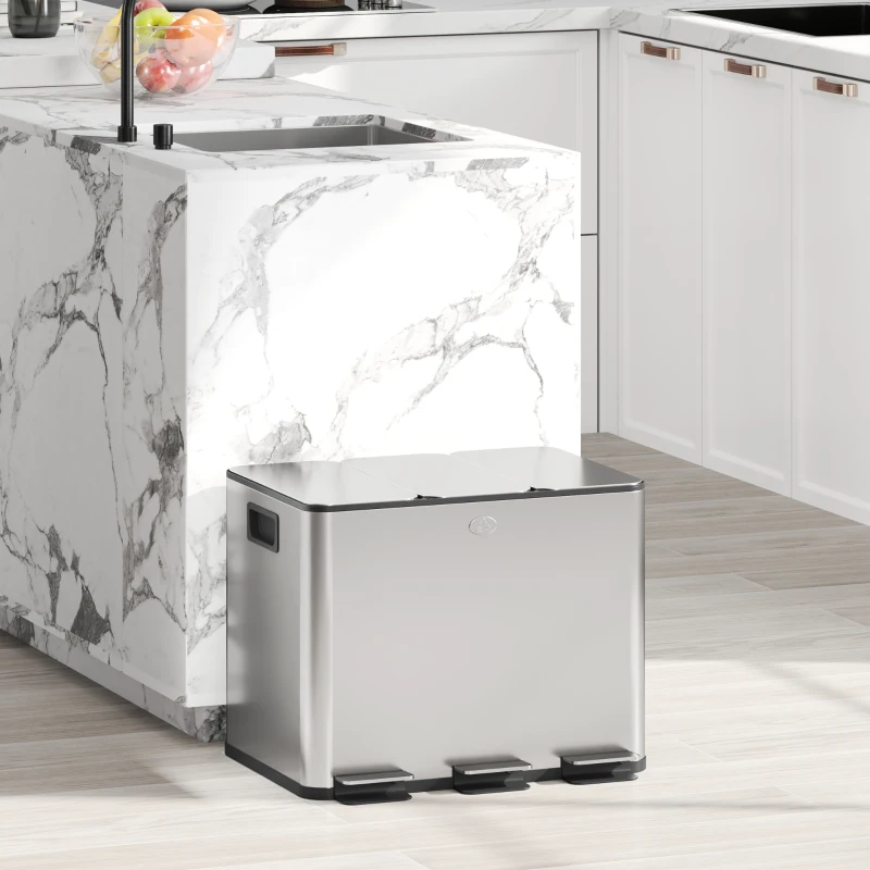 HOMCOM Papelera Cocina de Acero Inoxidable con 3 Compartimentos 3x10L con Pedales Tapas de Cierre Suave y Cubo Extraíble Plata