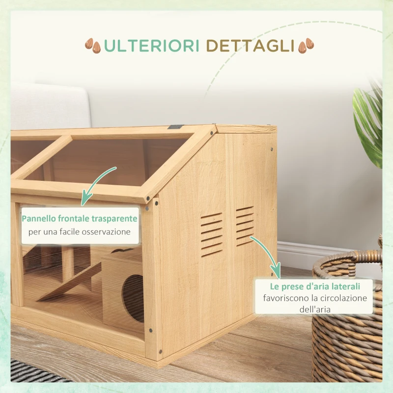 PawHut Gabbia per Criceti con Piattaforma, Scalette, Capanna e Ponte, in Legno di Abete, 85x45x44 cm