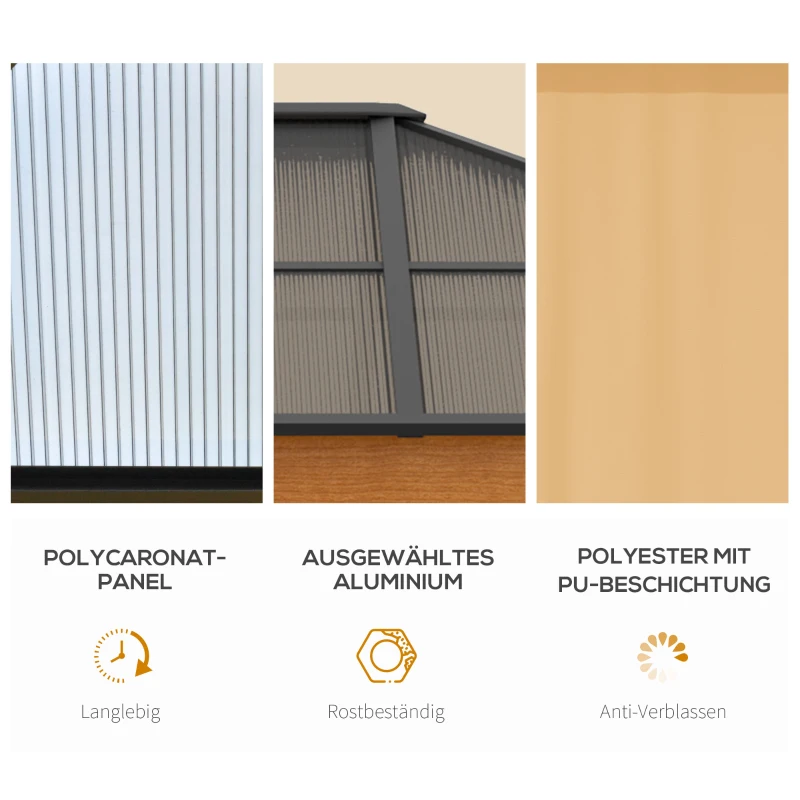 Outsunny Pavillon, Dach aus Polycarbonat, 4 Seitenwände und Fliegennetze, Stahlrahmen, khaki, 3 x 3,60 x 2,70 m