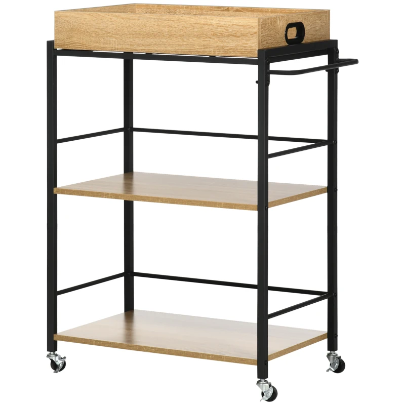 HOMCOM Carrello da Cucina a 3 Ripiani con Vassoio Rimovibile e Ruote Girevoli, 72x40x94cm, Legno e Nero