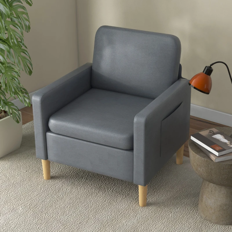 HOMCOM Sillón Individual Moderno con 2 Bolsillos Laterales Reposabrazos Asiento Acolchado y Patas de Madera 73x79x87 cm Gris