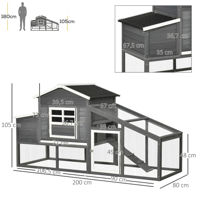 PawHut Gallinero de Madera Exterior Jaula para 2-4 Gallinas con Corral de Alambre Techos Asfálticos Nido Bandeja Extraíble y Rampa 200x80x105 cm Gris