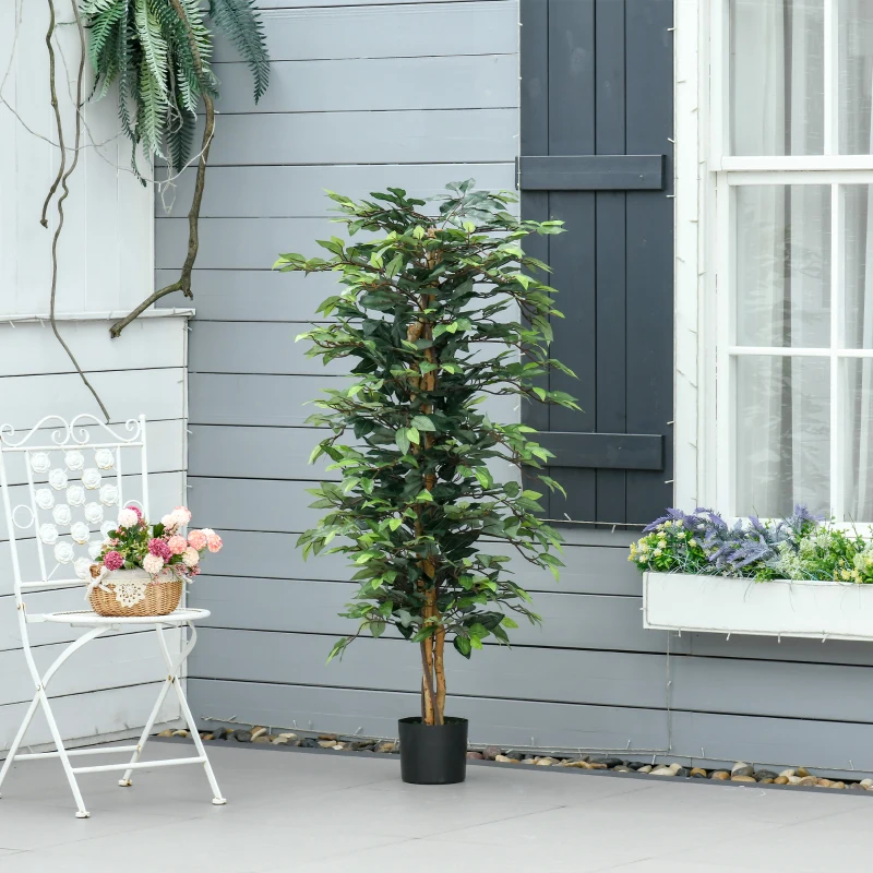 HOMCOM Künstlicher Ficus-baum groß 150 cm Kunstbaum, Kunstpflanze, Plastik Künstliche Pflanzen im Topf, Fake Plant wie echt für Wohnzimmer Schlafzimmer Büro Garten Moderne Dekoration Geschenk