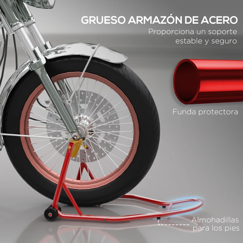 HOMCOM Caballete Elevador Universal tipo Soporte Delantero de Moto Portátil y Móvil de Acero con Ruedas para Reparar y Aparcar Color Rojo 80x50x40 cm