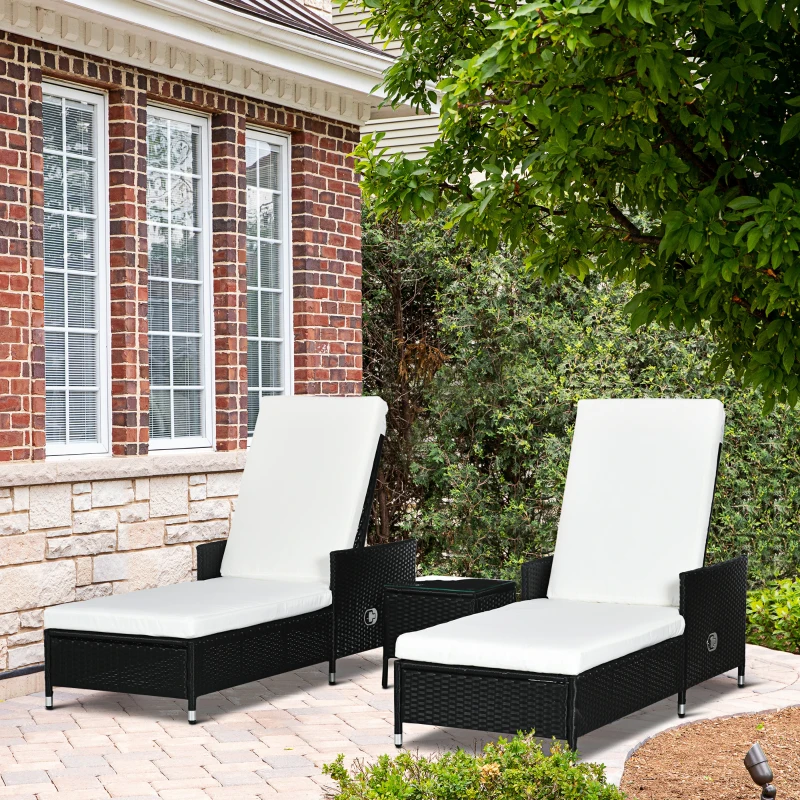 Outsunny 3-Pieces PE Rattan Sun Lounger, Patio Chaise Lounge Chair Set with Adjustable Backrest, Soft Cushions, Glass Top Coffee Table, Cream White
