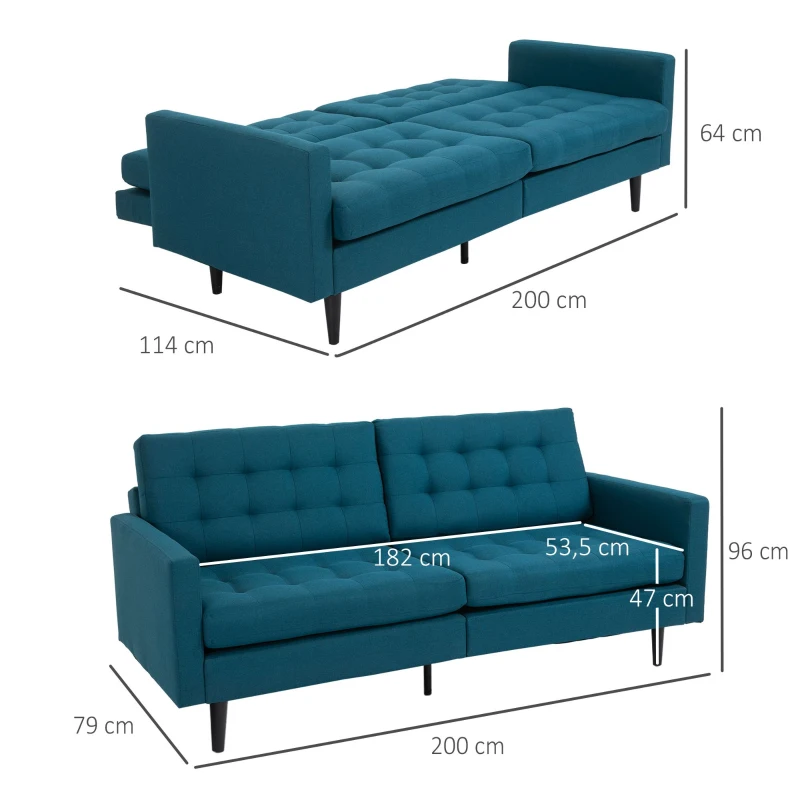 HOMCOM Canapé Convertible 3 Places Design Contemporain Dossier inclinable indépendamment 3 Positions Lin Bleu Canard