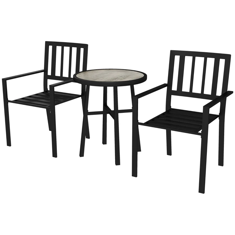 Outsunny 3 Piece Patio Bistro Set with Plastic Top, 2 Stackable Chairs, Galvanised Steel Frame, Grey
