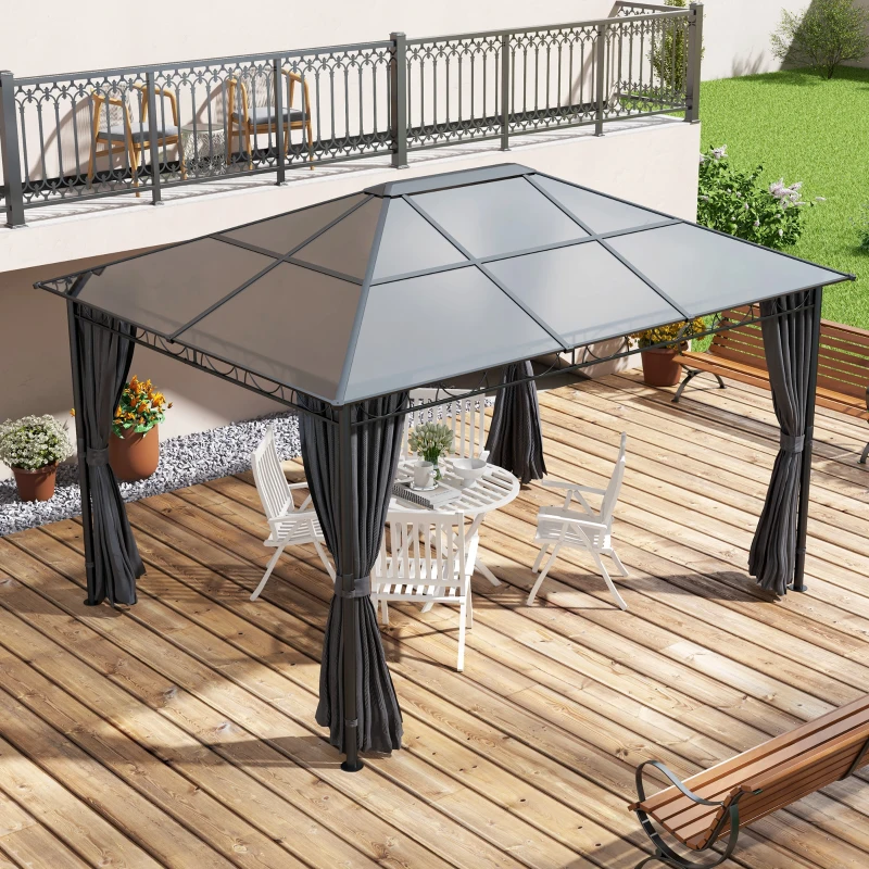 Outsunny Hardtop Gazebo Garden Pavilion with UV Resistant Polycarbonate Roof, Curtains, Steel & Aluminium Frame, 3 x 4m, Grey