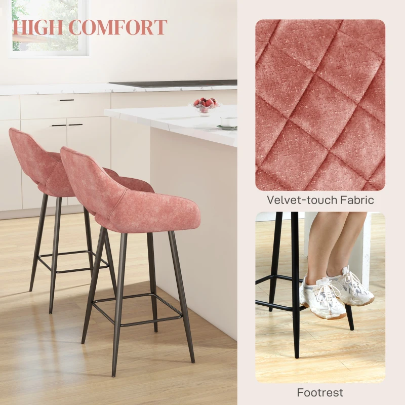 HOMCOM Set of Two Velvet-Feel Bar Stools - Pink