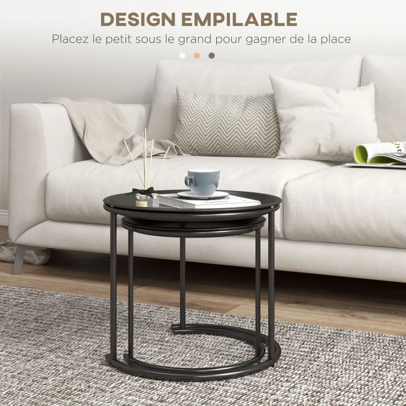 HOMCOM Lot de 2 tables basses rondes gigognes plateaux amovibles style industriel en acier Ø 43 et Ø 35 cm noir