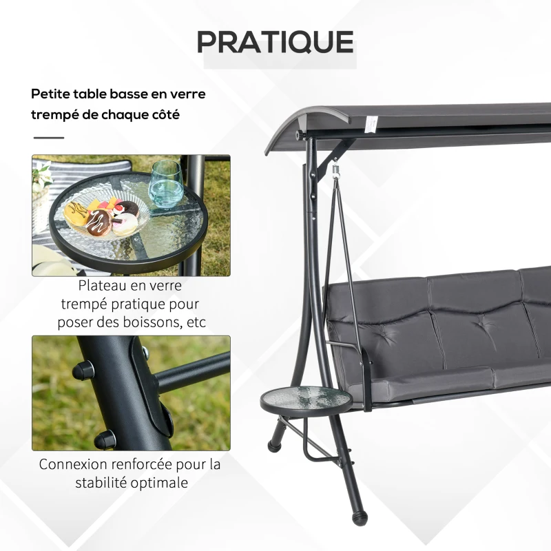 Outsunny Balancelle de Jardin 3 Places avec Toit Inclinaison réglable 2 tablettes en Verre Coussins Assise et Dossier rembourrés Polyester métal dim. 271L x 125l x 177H cm Anthracite